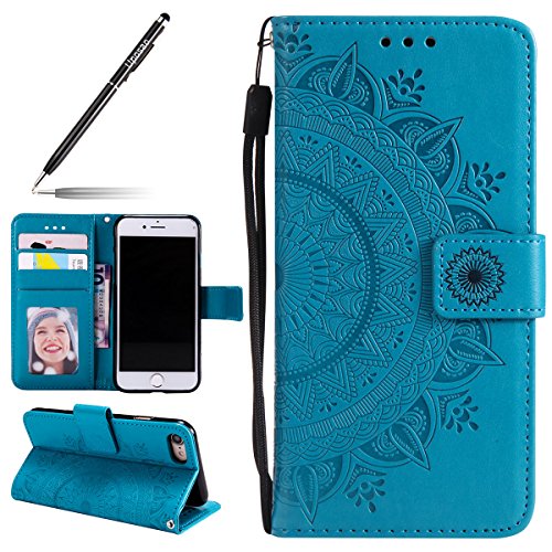 Uposao Housse Etui iPhone 8,Etui iPhone 7 Coque en PU, Flip Cover Case Bumper Coque de Protection Pochette Portefeuille en Cuir à Rabat Clapet étui Mandala Ultra Slim Coque pour iPhone 8,iPhone 7,Bleu Cover