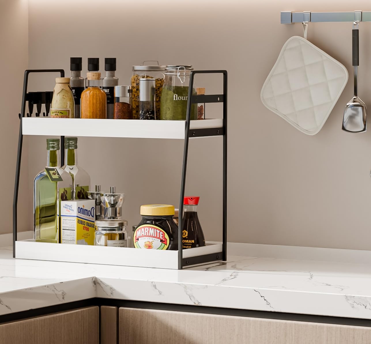 Kottwca Badkamerorganizer met 2 niveaus, met laden, manden en 2 haken, werkblad-organizer van hout met metalen frame, multifunctioneel kruidenrek, badkamerrek voor badkamer, keuken, kantoor, wit