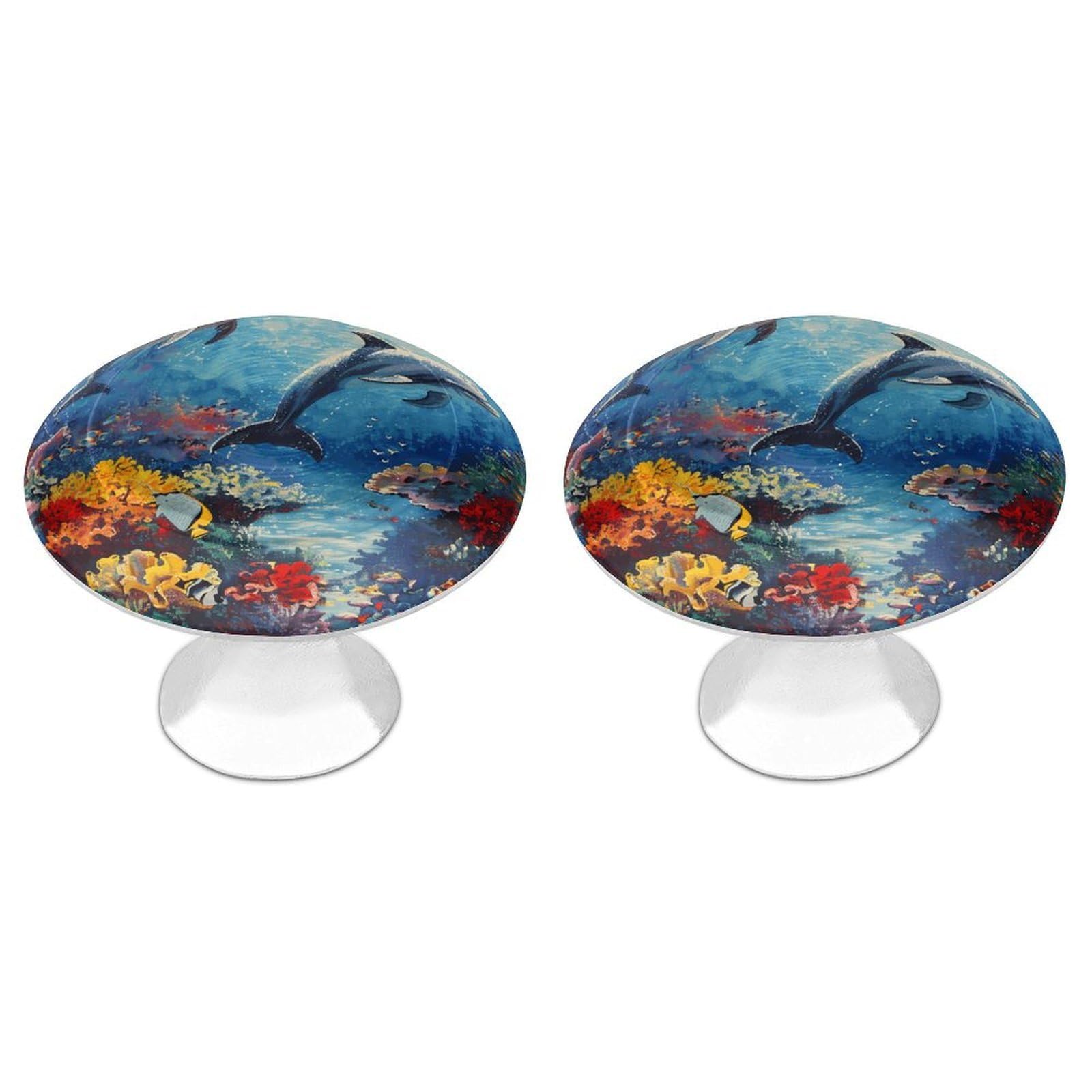 FekiLoot Seabed Coral Fish Dolphins Cabinet Knobs Personality Stainless Steel Round Drawer Handles Circle Modern Cabinet Handles Drawer Knobs for Kitchen Dresser Bathroom Cupboard Furniture