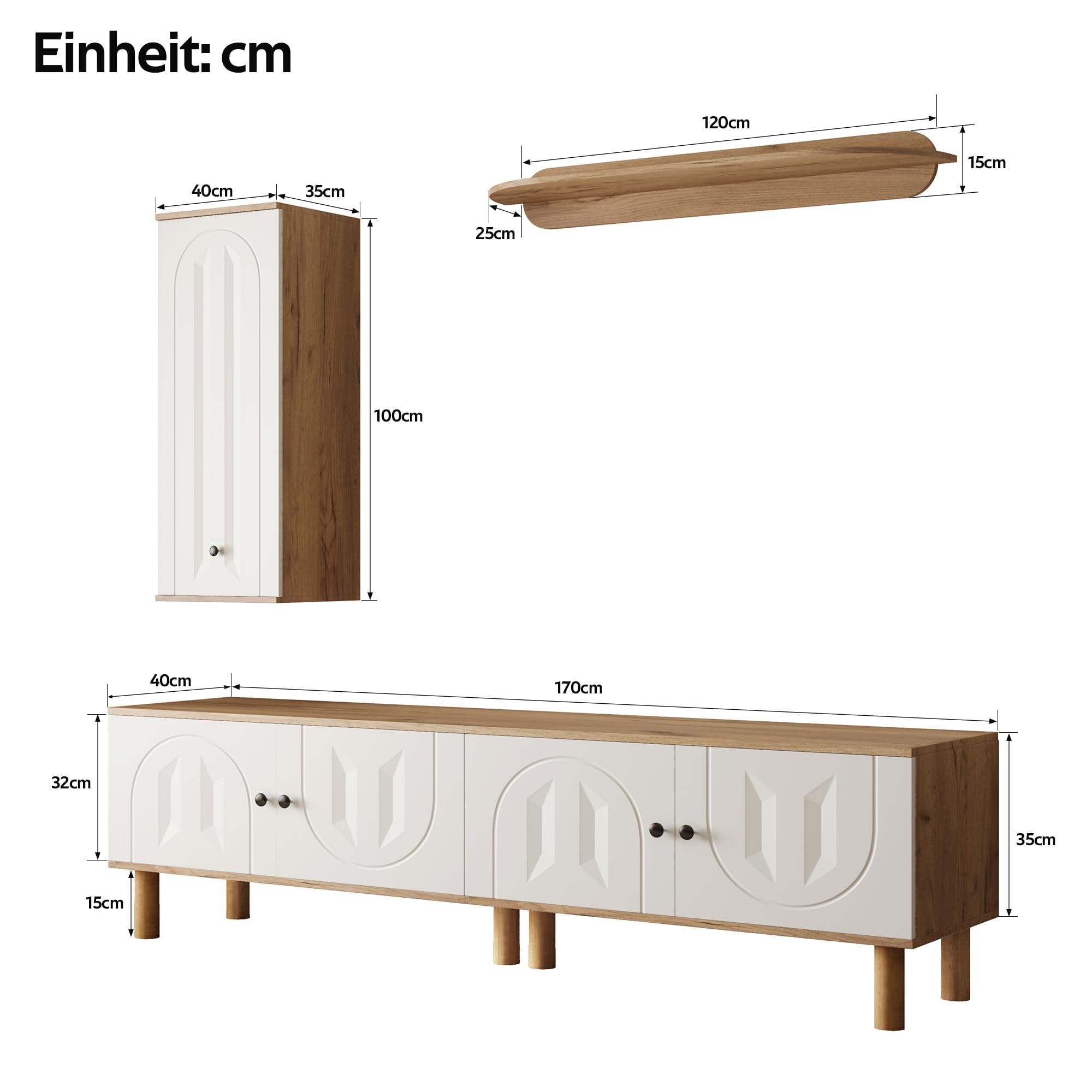 3 piezas, pared de salón, lo mejor de: Highboard, armarios, tablero de pared. Paneles de puerta tallados blancos y de madera.