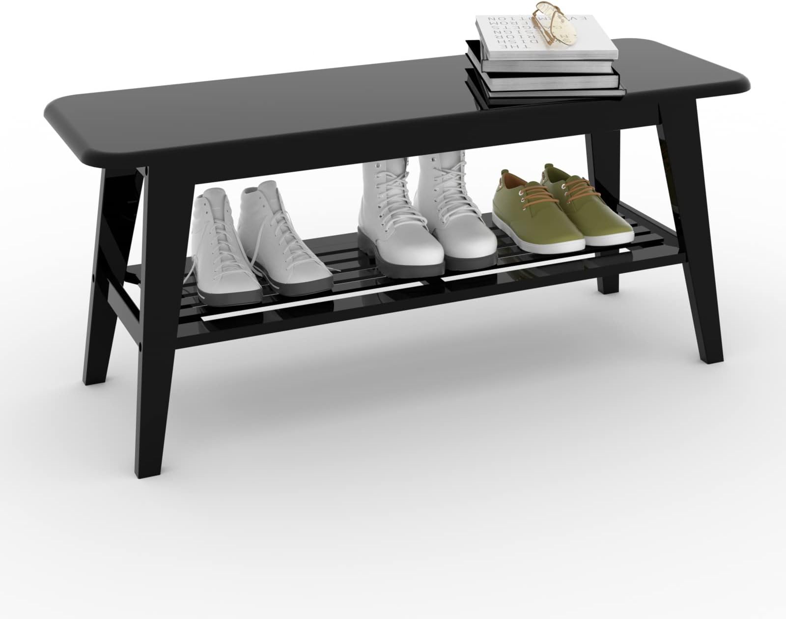 Entryway Shoe Bench, 2-Tier Black Wood Bench for Living Dining Room, 35 Inch Morden Entry Way Shoe Benches Seat, Recyclable Bambo