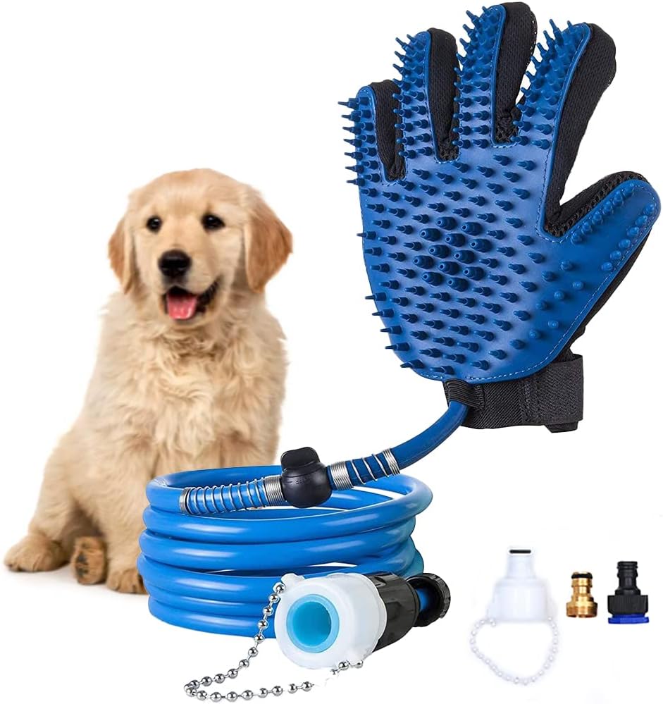 Pet Automatic Water Spray Bath Gloves,Newest Pet Bathing Tool, Dog Shower Sprayer Scrubber Grooming Glove with 4 Faucet Adapters for Dog Cat Horse Indoor Outdoor Use