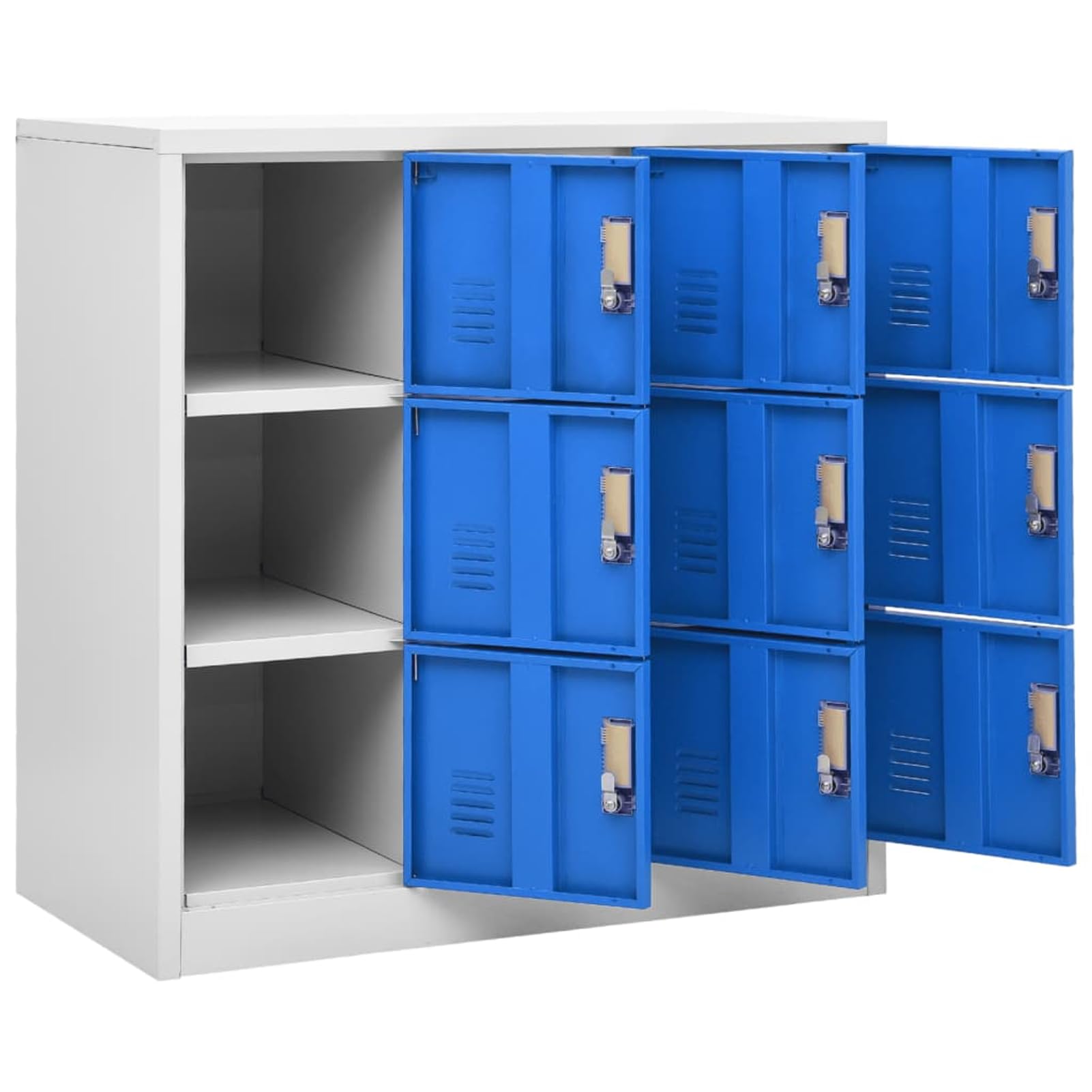 Armadio a 9 scomparti, in acciaio, grigio chiaro/blu, 90 x 45 x 92,5 cm, per ufficio e scuola, pratico armadio portaoggetti