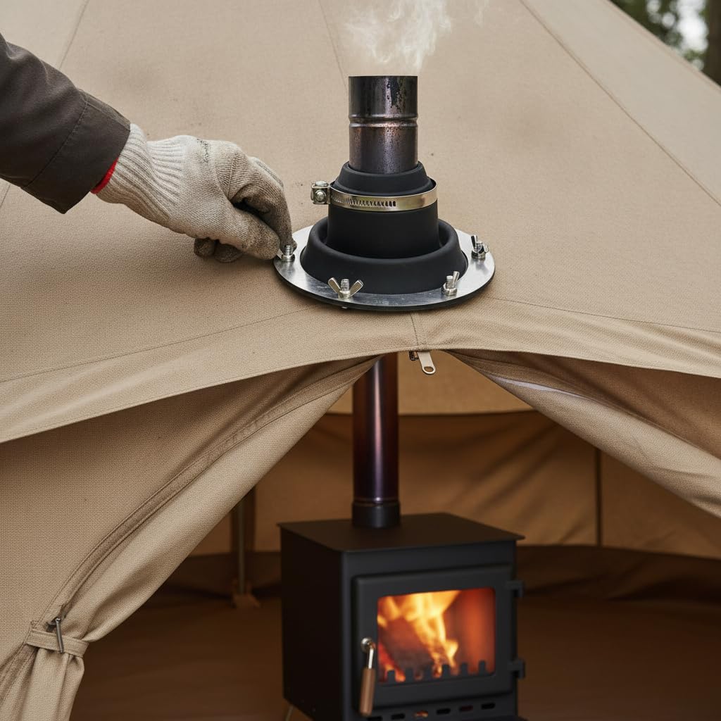 Protector Chimenea con Brida Acero Inoxidable Aislante para Conducto Estufa Camping Resistente al con Tuercas y Sellado Firme para Tiendas Exterior, Negro, Estándar