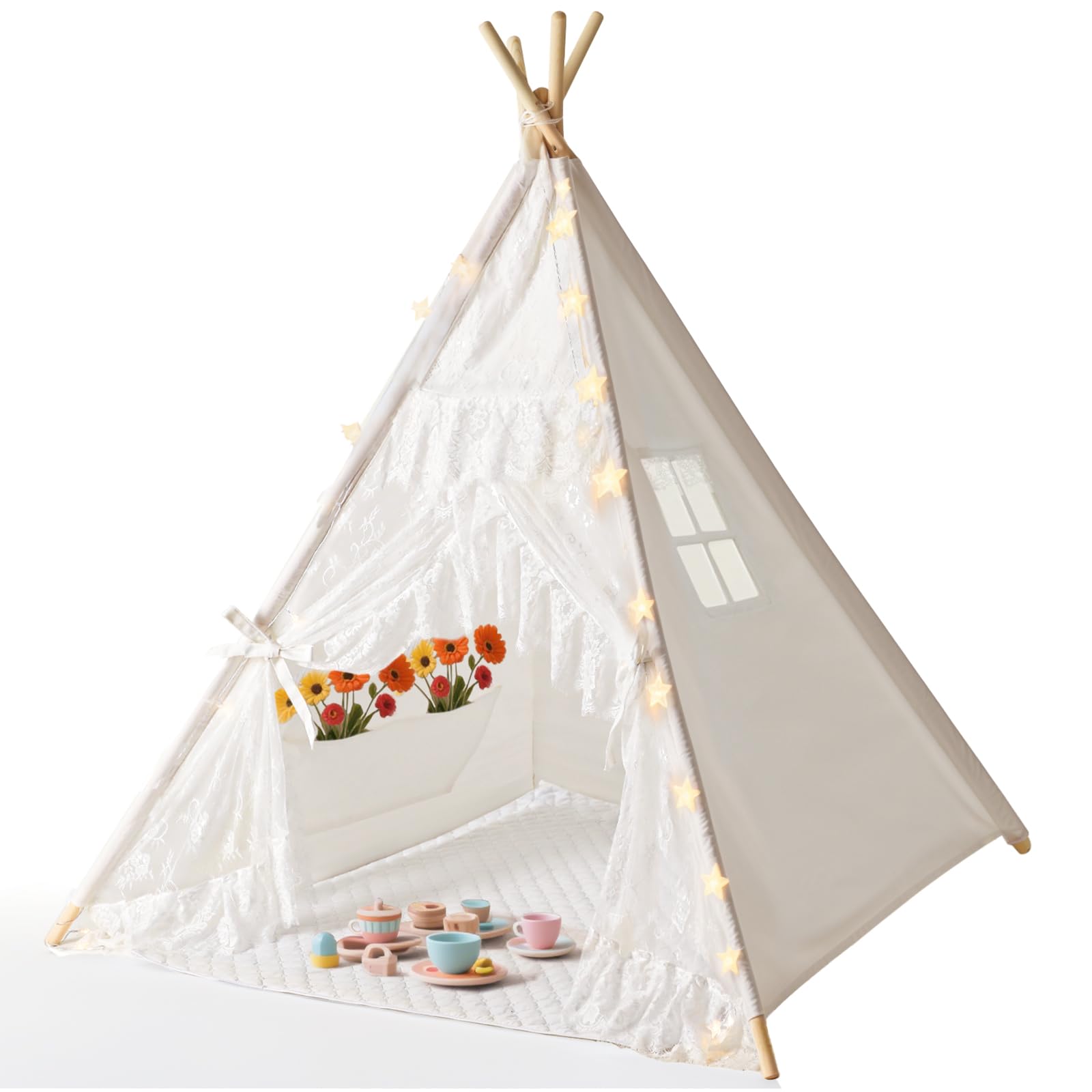 Mallify Tipi Zelt Kinderzimmer, Spielzelt mit Matte und Lichtern, Tipizelt Spielhaus für Kinder, Kinderzelt Indoor Mädchen, Weiß