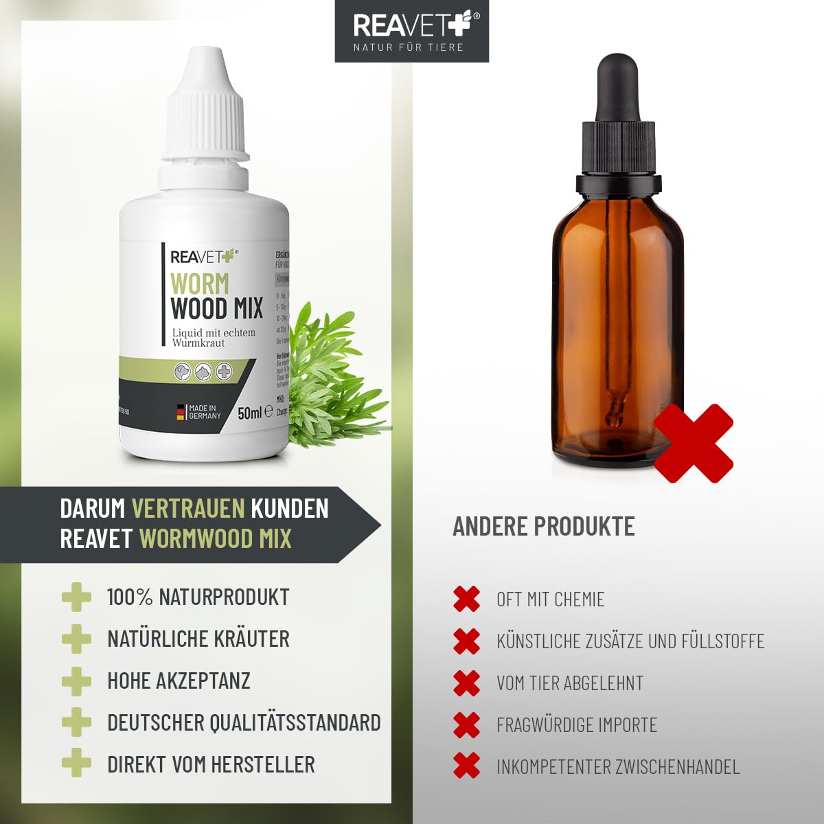 ReaVET Wurm-Kraut Líquido 100ml – para perros y gatos, con artemisa de gusano real (Artemisia Absinthium) en fórmula de plantas basada en receta, adecuado para todas las mascotas