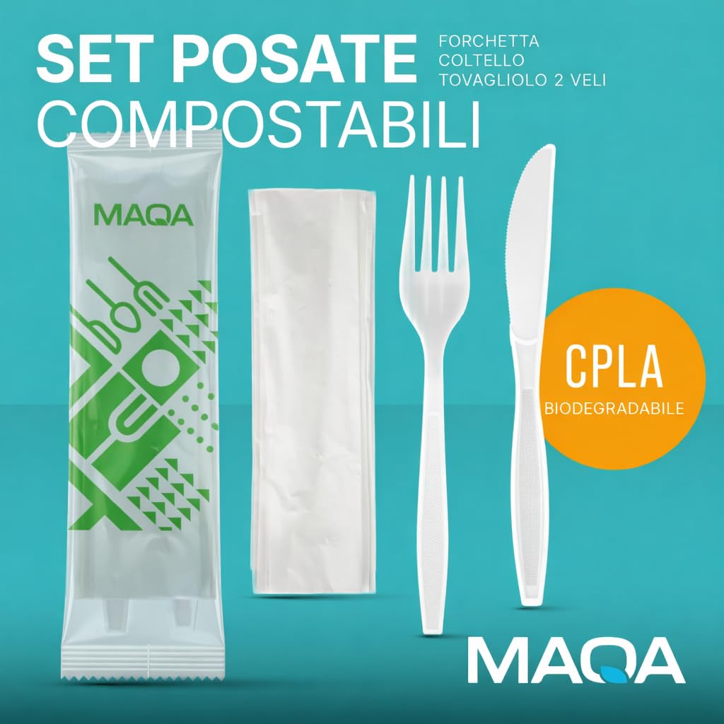 500 Set Posate Biodegradabili e Compostabili + Tovagliolo - Forchetta e Coltello Imbustati Singolarmente – Resistenti per Cibi Caldi fino a 70°C – Ideali Come Posate Da Viaggio, Eventi, Ristorazione