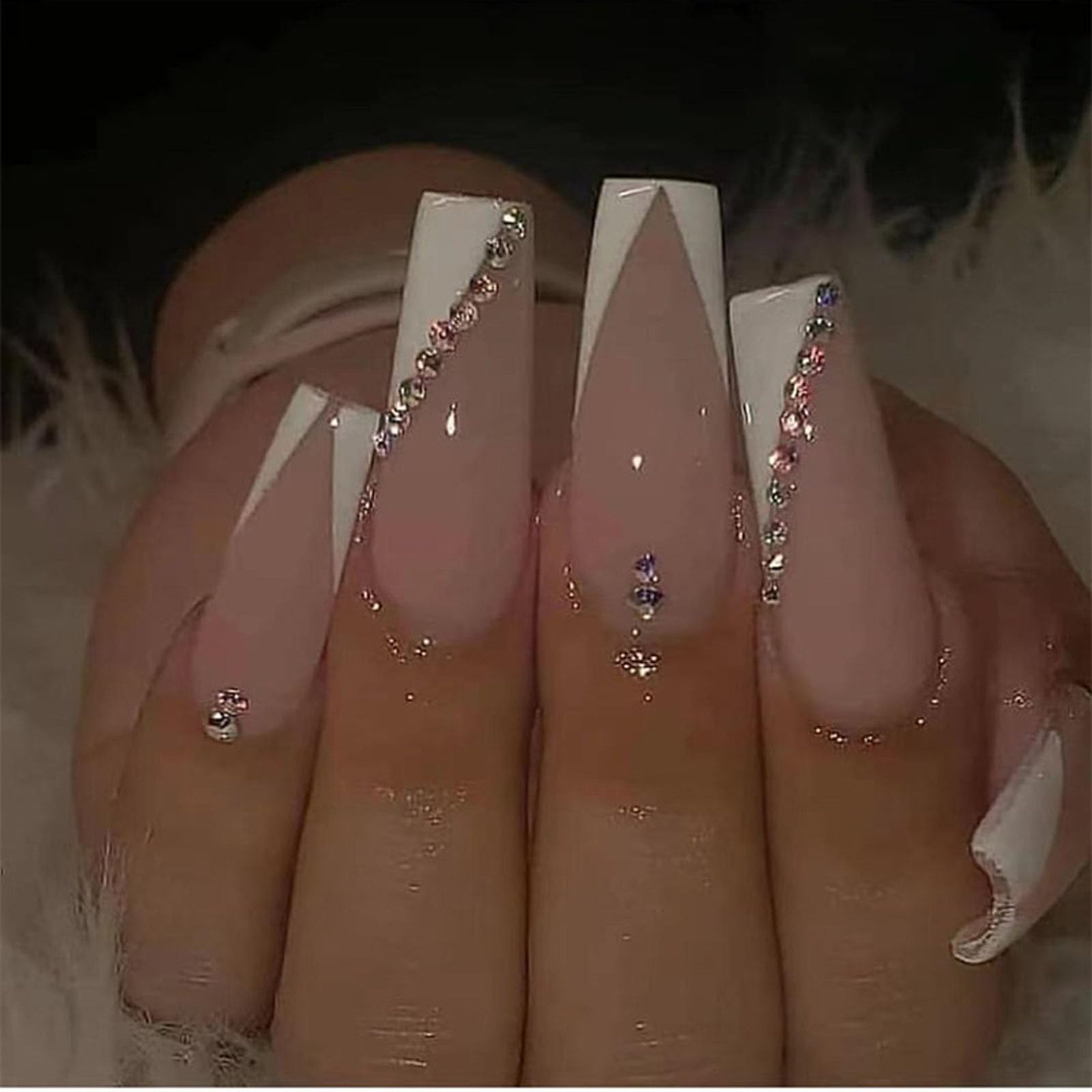 French Tip Press on Nails Long Coffin Fake Nails with Rhinestones Designs White Nails Press ons Glossy Glue on Nails Nude Acrylic Nails Daily Wear