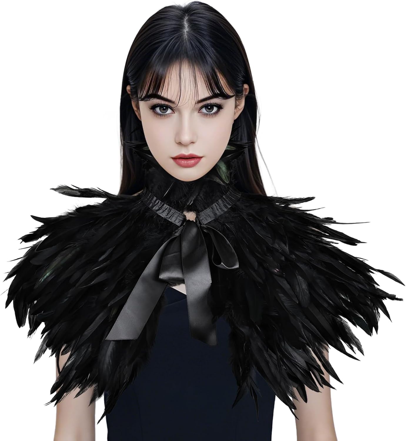 Gothic Natural Feather Shrug Feather Shawl Wrap Cape Victorian Collar for Halloween Cosplay Party Costume Accessories Ddp-black