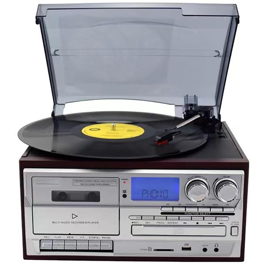 Reproductor de Discos de Vinilo, Tocadiscos Bluetooth de 3 velocidades con reproducción de CD/Cassette, Radio Am/FM, grabadora USB, Entrada Auxiliar/Salida de línea RCA