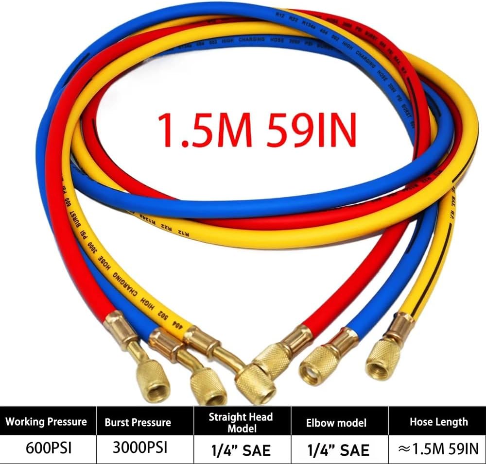 2.9/59/70.8Ft (0.9/1.5/1.8M) 1/4" HVAC Refrigerant Charging Hose, 600PSI Working Pressure, Compatible with R22/R134A/R502/404A for Car Auto AC Systems(1.5M)