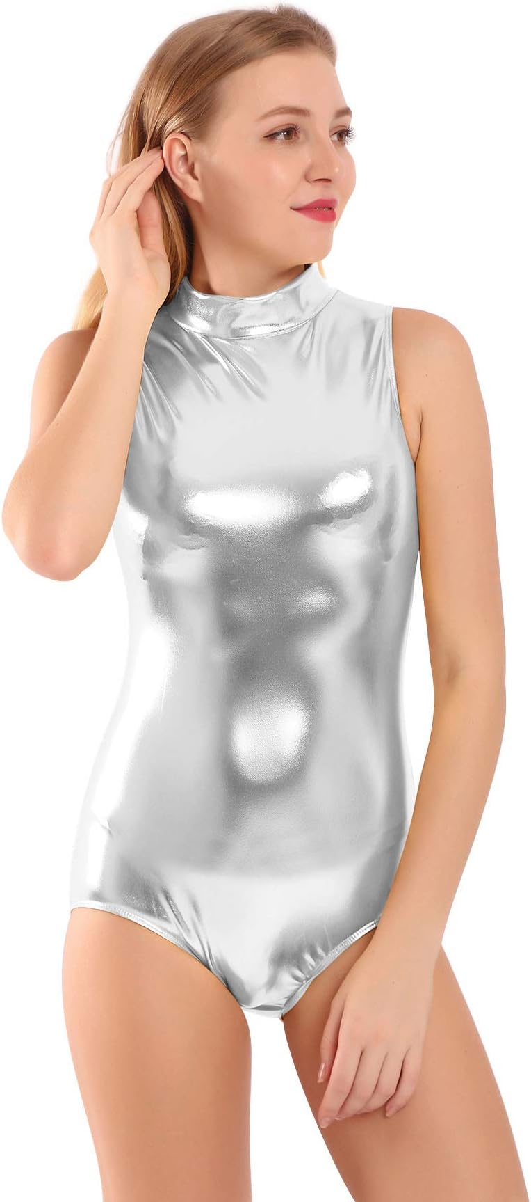JavlyWomens Shiny Metallic Dance Leotard Spandex Mock-Turtleneck Neck Zip Back One Piece Dancewear Bodysuit