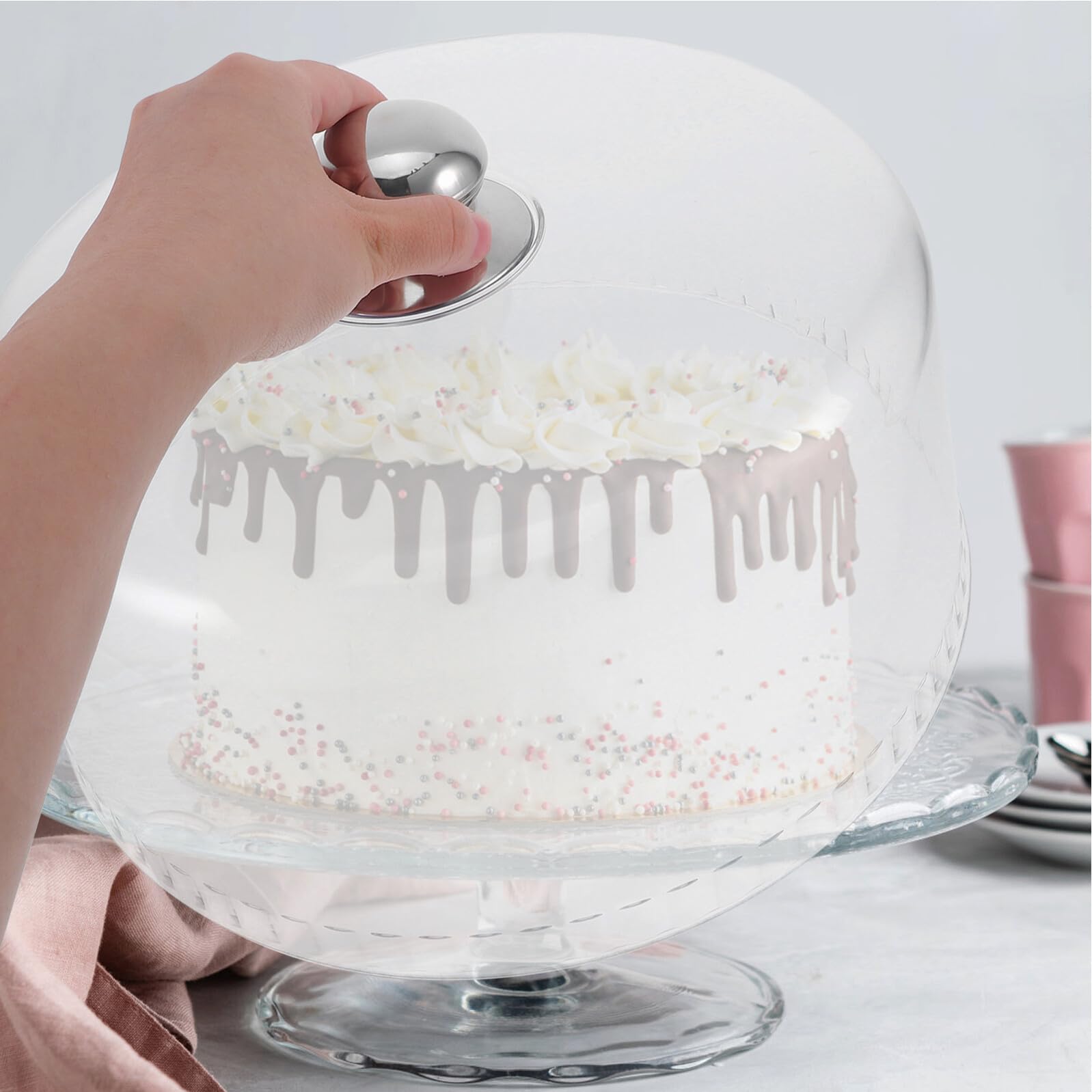 Cupola di Plastica Trasparente per Dessert e Copertura per Alzata Torta, Coperchio Riutilizzabile 30x13 Cm, Protezione Antipolvere per Uso Alimentare e Presentazione in Casa