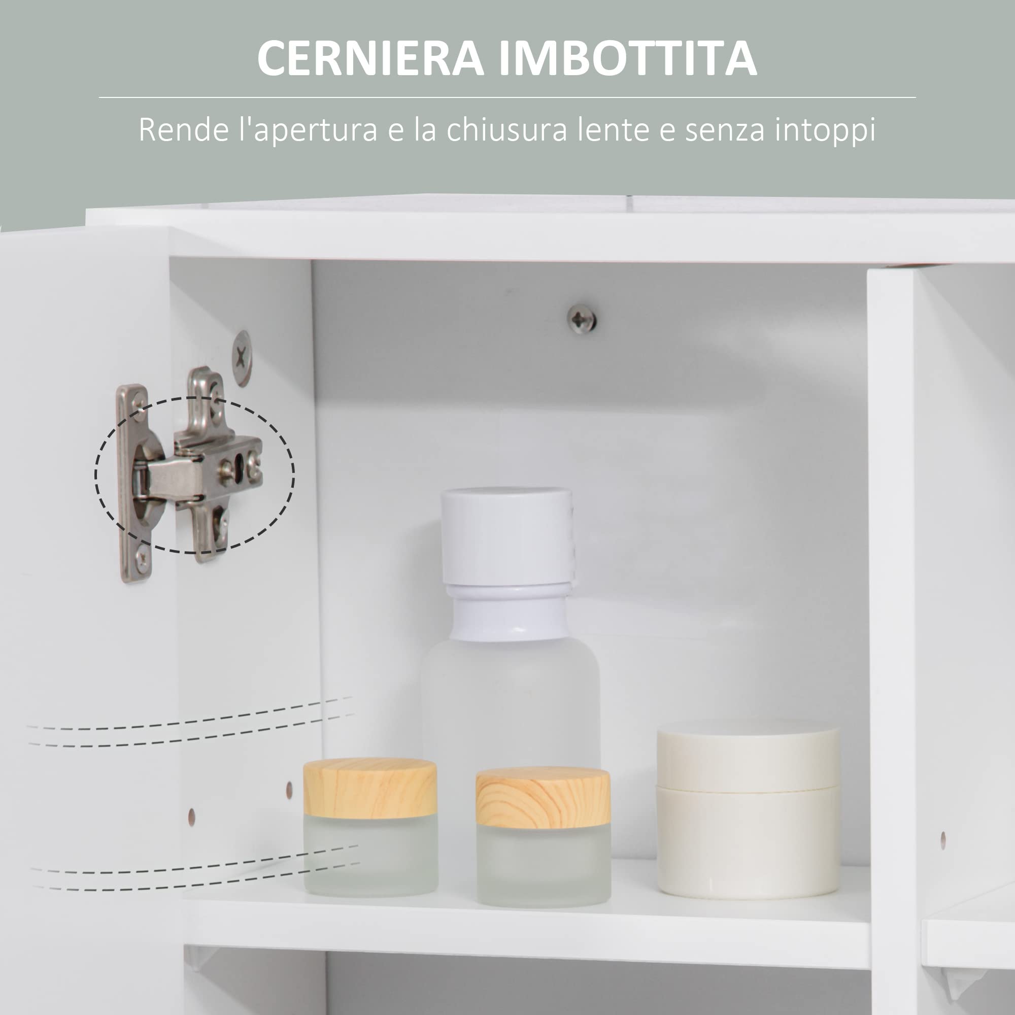 kleankin Specchio Bagno Contenitore con Mensole Regolabili, Specchiera Bagno con Contenitore a 2 Ante e Ripiano Aperto in Legno e Vetro, 54x15.2x55.3 cm, Bianco
