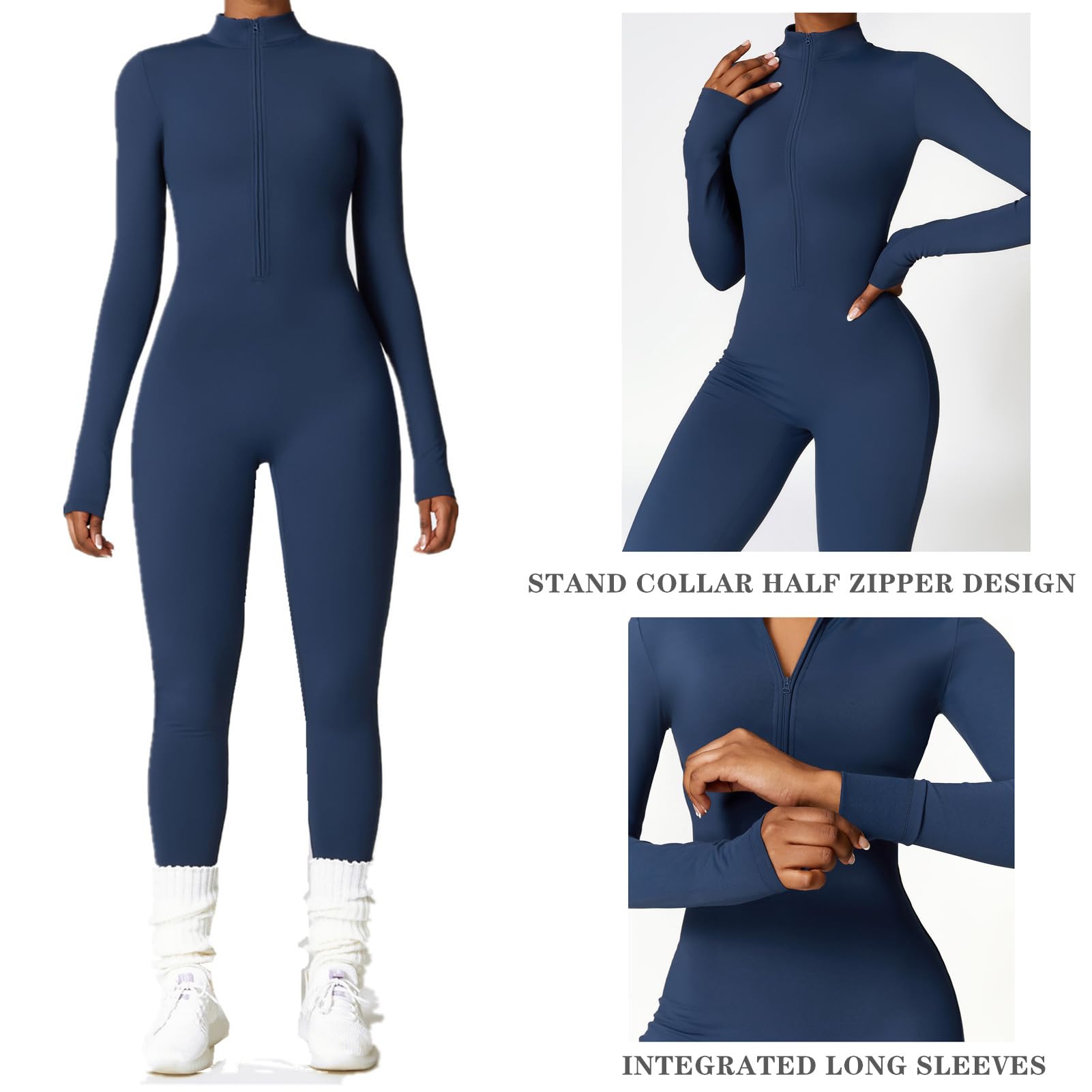 Damen Sport Jumpsuit Lang Eng Yoga Overall Langarm V-Ausschnitt Playsuits Mit Reißverschluss Jogging Strampler Hosenanzug Trainingsanzug