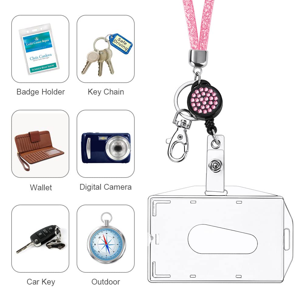 Vicloon Porta Badge Titulares con Cristal Cordon, Transparentes Portatarjetas de Identificación con Cristal Lanyard y Llavero Retráctil, Portatarjetas Colgante, para Tarjeta Tráfico Escuela-Rosa