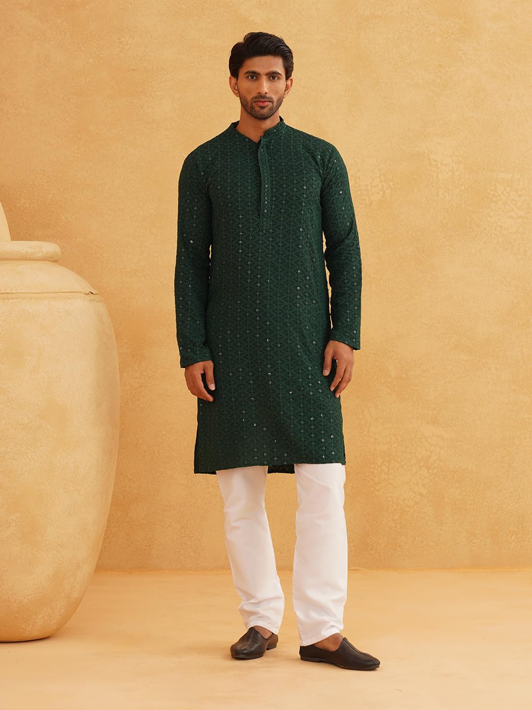 Sojanya (Since 1958 Men's Pure Cotton Green Embroidered Sequined Kurta And White Pyjama Set
