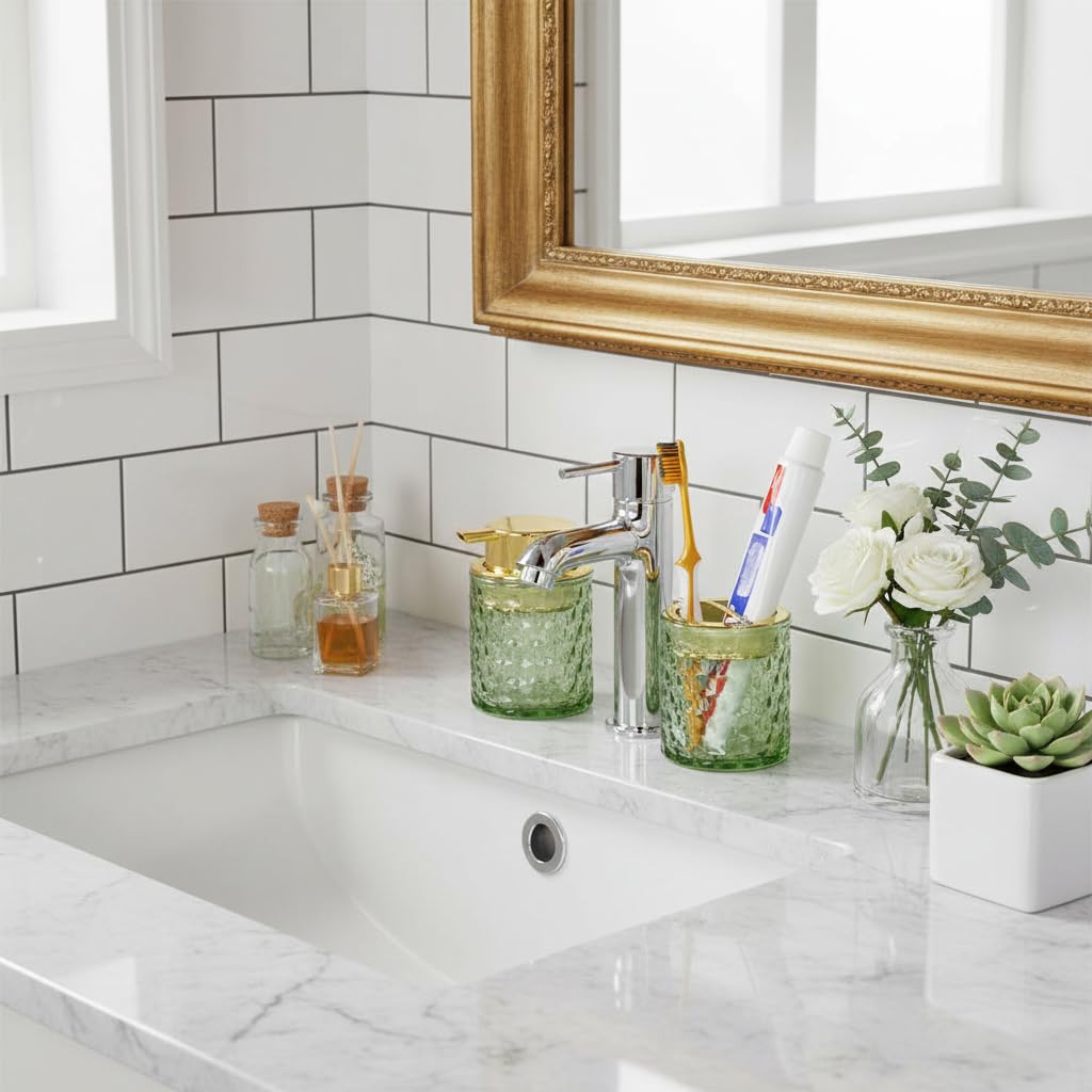 Juego de accesorios de baño de vidrio grueso, soporte dorado para cepillo de dientes y pasta de dientes, dispensador de jabón espumoso y soporte para cepillos de dientes, bonito organizador de