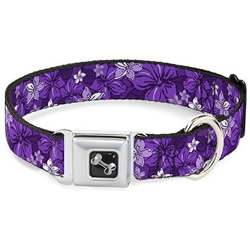 Dog Collar Seatbelt Buckle Hibiscus Collage Purple Shades 16 to 23 Inches 1.5 Inch Wide