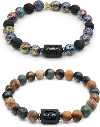2Pcs Zodiac Bracelets for Women & Men, Natural Healing Gemstone Bracelets with Tiger Eye, Turquoise & Lava Rock, Protection & Grounding Crystals, Friendship Couples Bracelets Gifts(8mm)