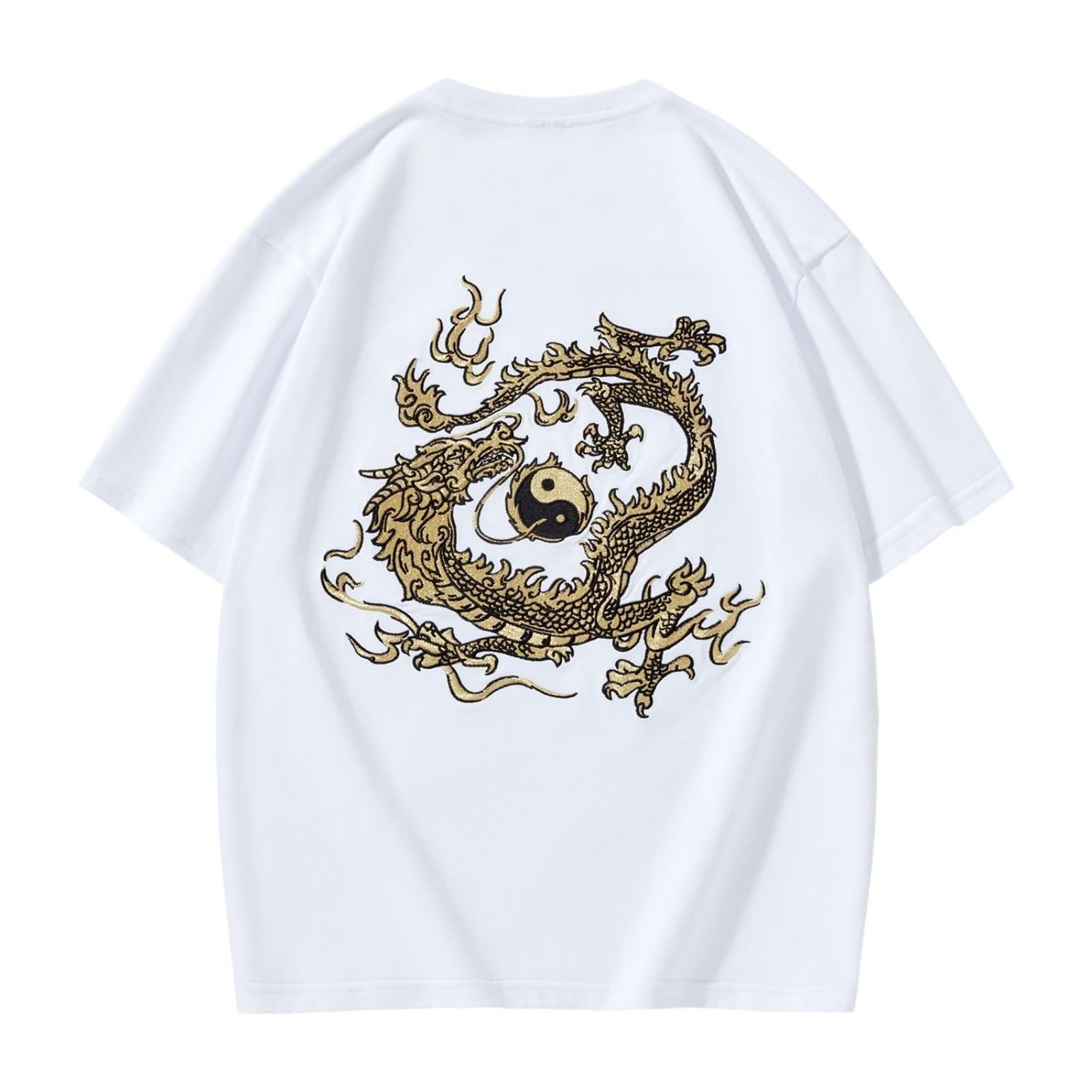 Męski bawełniany t-shirt z okrągłym dekoltem, haft smoka, luźny krój, chiński styl, top rekreacyjny
