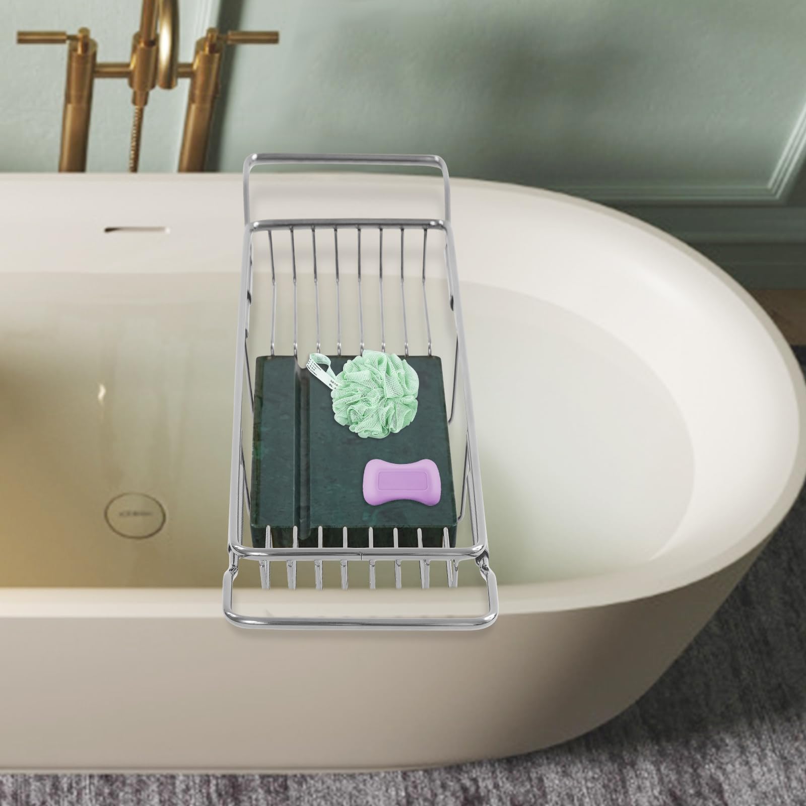 Bandeja de bañera de acero inoxidable, capacidad de 20 kg, bandeja moderna de mármol verde, herramienta expandible para baño, cocina y hotel, ajustable de 27 a 35.5 pulgadas (plata + verde)