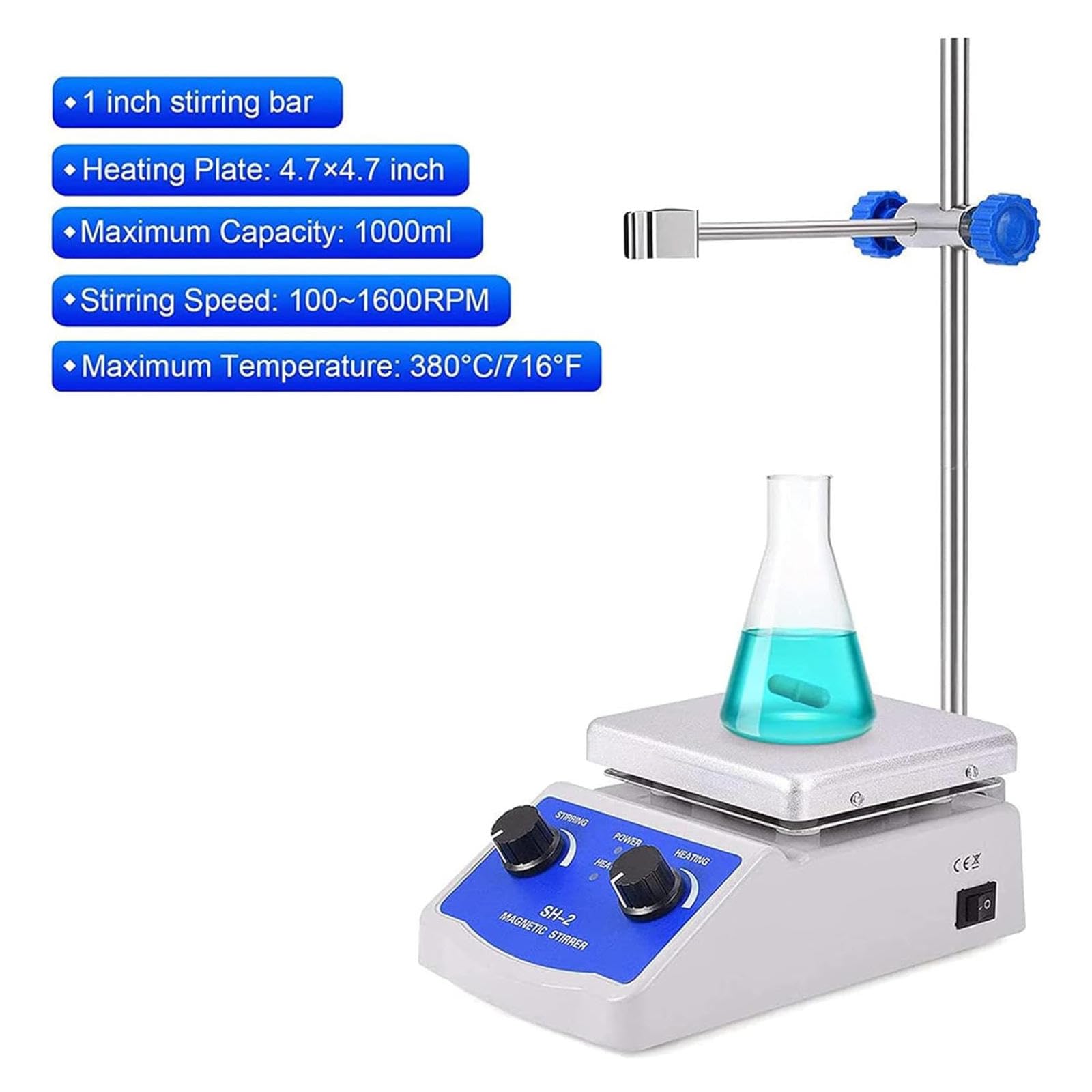 Agitador Magnético de Laboratorio, Placa Calefactora Magnética con Calefacción, Capacidad de Agitación de 1000 Ml, 1600 RPM, Agitador Magnético con Placa Calefactora para Laboratorio
