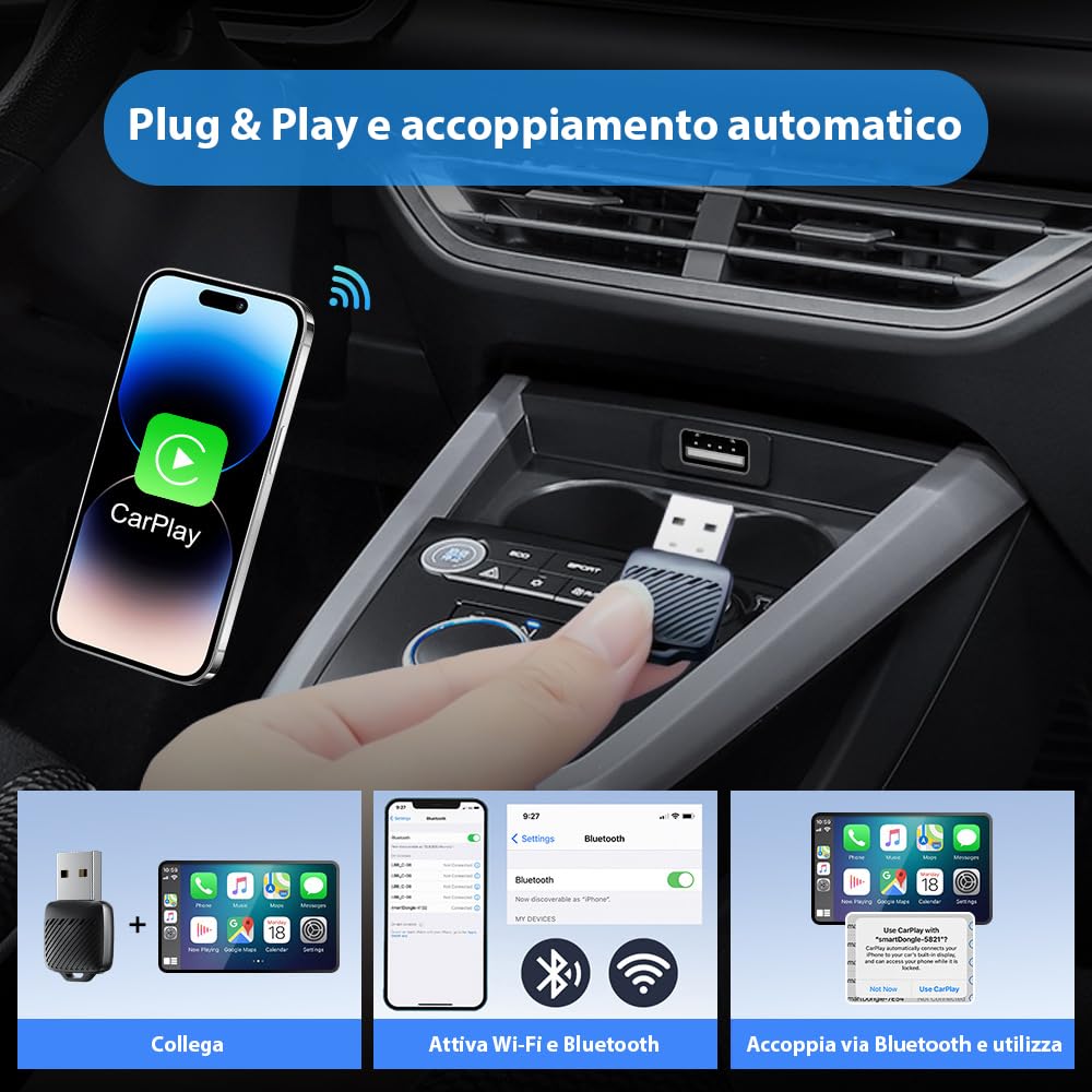AOUQEE Adattatore Carplay Wireless & Android Auto Wireless 2 IN 1, Converte An-droid Auto/Carplay da cablato in Wire-less,Typ-C/USB Plug & Play Mini, Compatibile con iOS 10+ Android 11