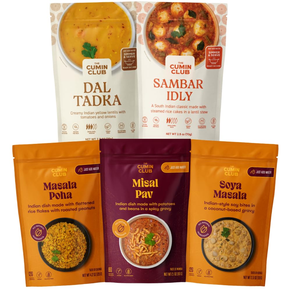 The Cumin Club Ready to Eat Vegan Indian Entrees - Comfort Indian Food Entrees - Instant Meal Effortless Cooking with Natural Ingredients - Ready to Eat Indian Food - Pack of 5, Vegan Entrees