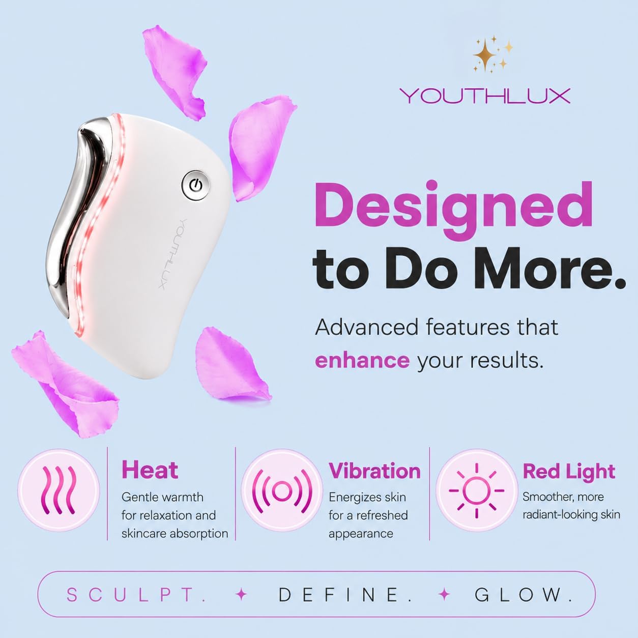 ProSculpt Heated Gua Sha Facial Massager – Electric Guasha Tool for Face Sculpting, Relaxation & Skincare | Soothing Vibration Facial Massage Tool with Contoured Design (White)