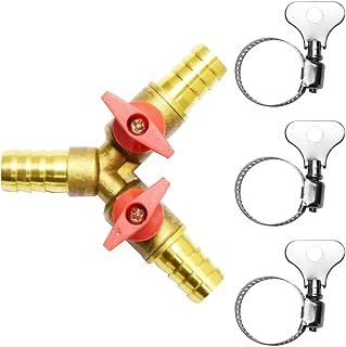chaekoy Brass 5/16 Inch 3-way Y-shaped Shut-off Ball Valve with 2-switch 5/16" Hose Barb Include 3 Stainless Steel Clamps Hose Pipe Barb Fitting for Water/Oil/Gas