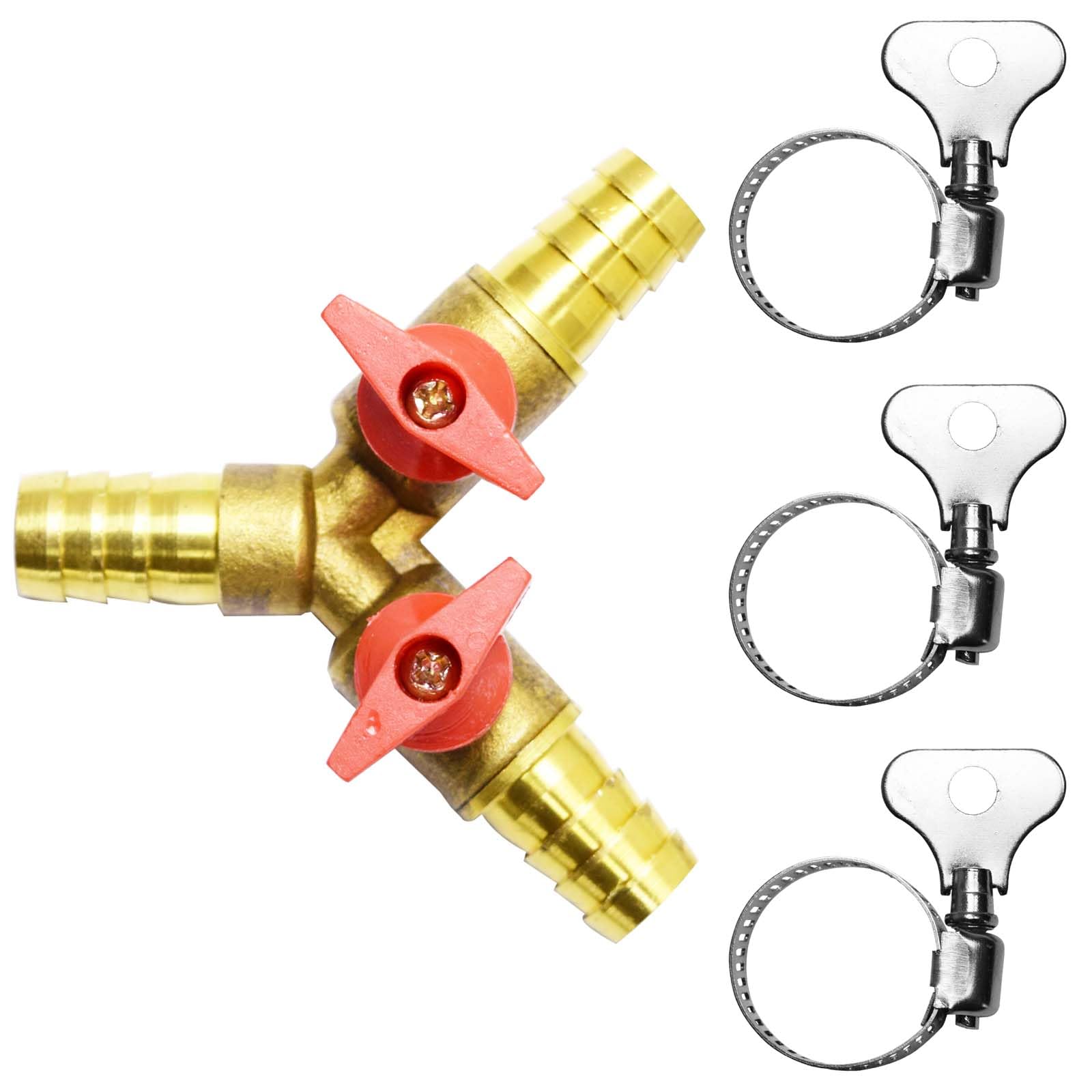chaekoy Brass 1/2 Inch 3-way Y-shaped Shut-off Ball Valve with 2-switch 1/2" Hose Barb Include 3 Stainless Steel Clamps Hose Pipe Barb Fitting for Water/Oil/Gas