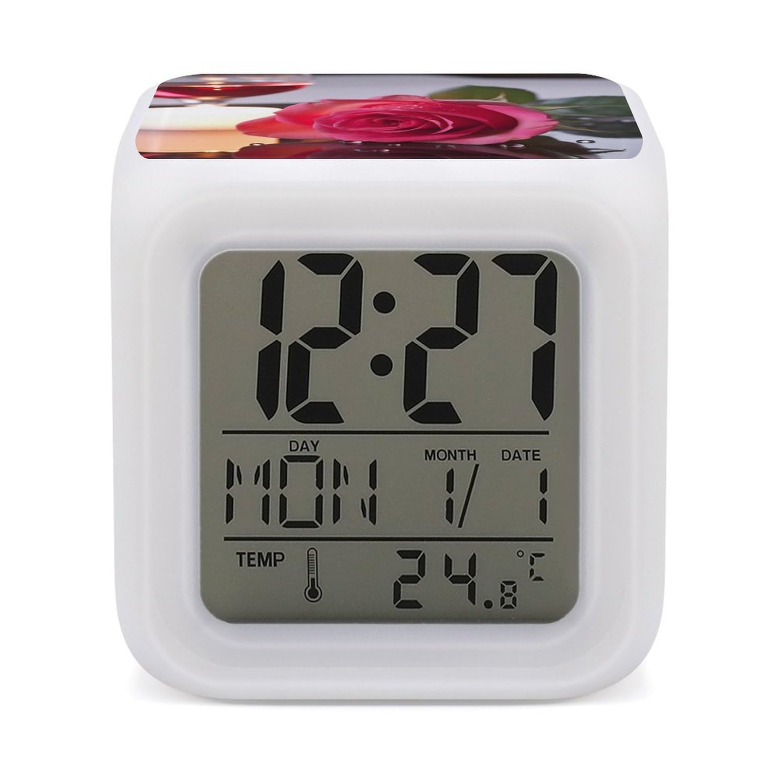 Réveil numérique LED rose avec affichage température date et horloge forte