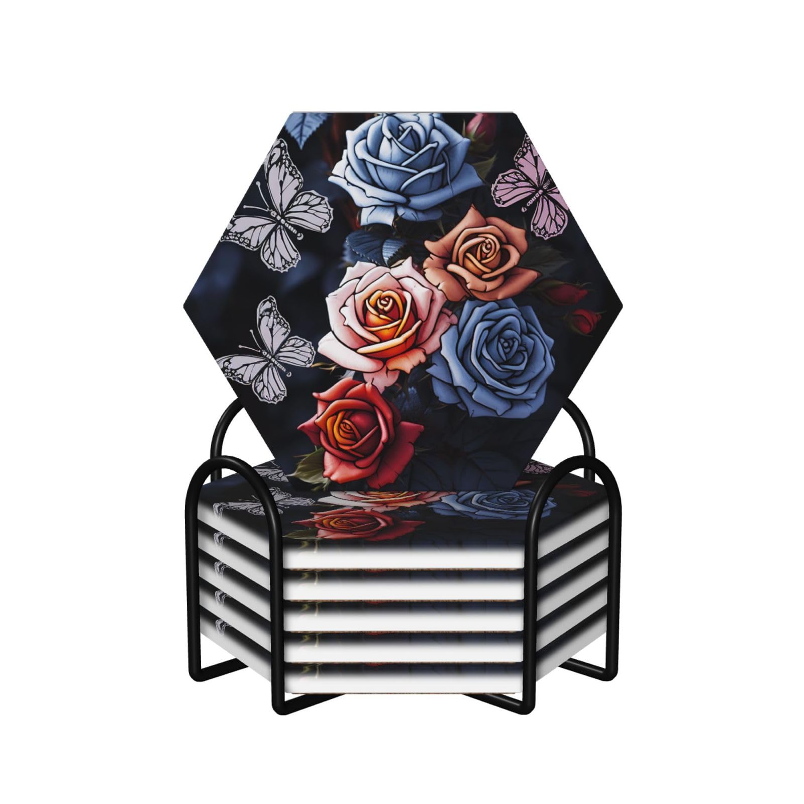 Dessous de verre en céramique lot de 6 avec support motif roses