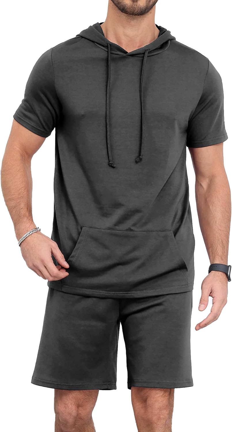 Aiyino Men's Tracksuit 2 Piece Hooded Athletic Sweatsuit Short Sleeve Casual Sports Hoodie Shorts Set - Image 2