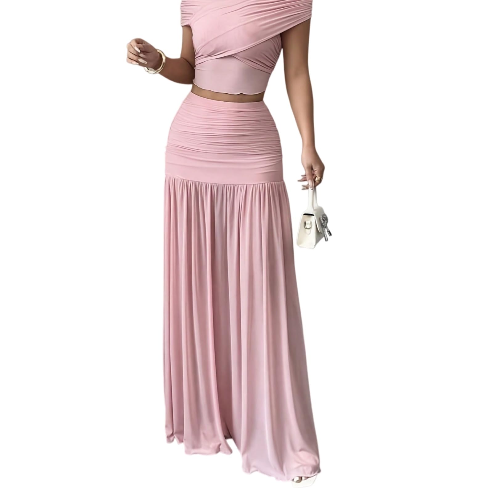 Minifalda Falda Plisada Midi Elegante De Las Mujeres Cintura Alta Slim Fit Larga Flujo A-línea Casual Verano Moda Chic Traje-Pink-XXL