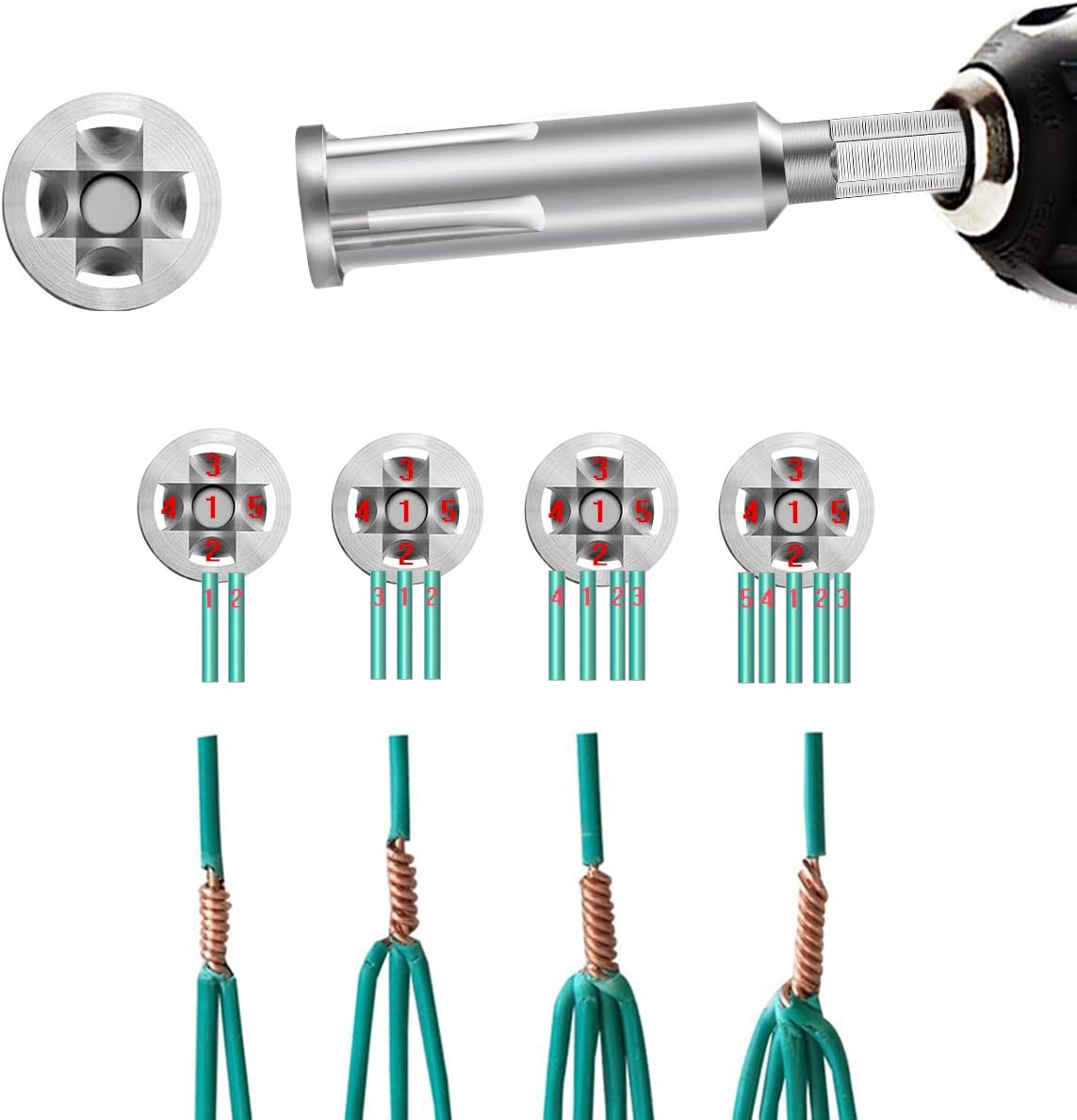 Wire Twisting Tool, Wire Stripper and Twister,4 Square 3 Way/5 Way Twister with Extension Adapter Attachment for Power Drill Drivers