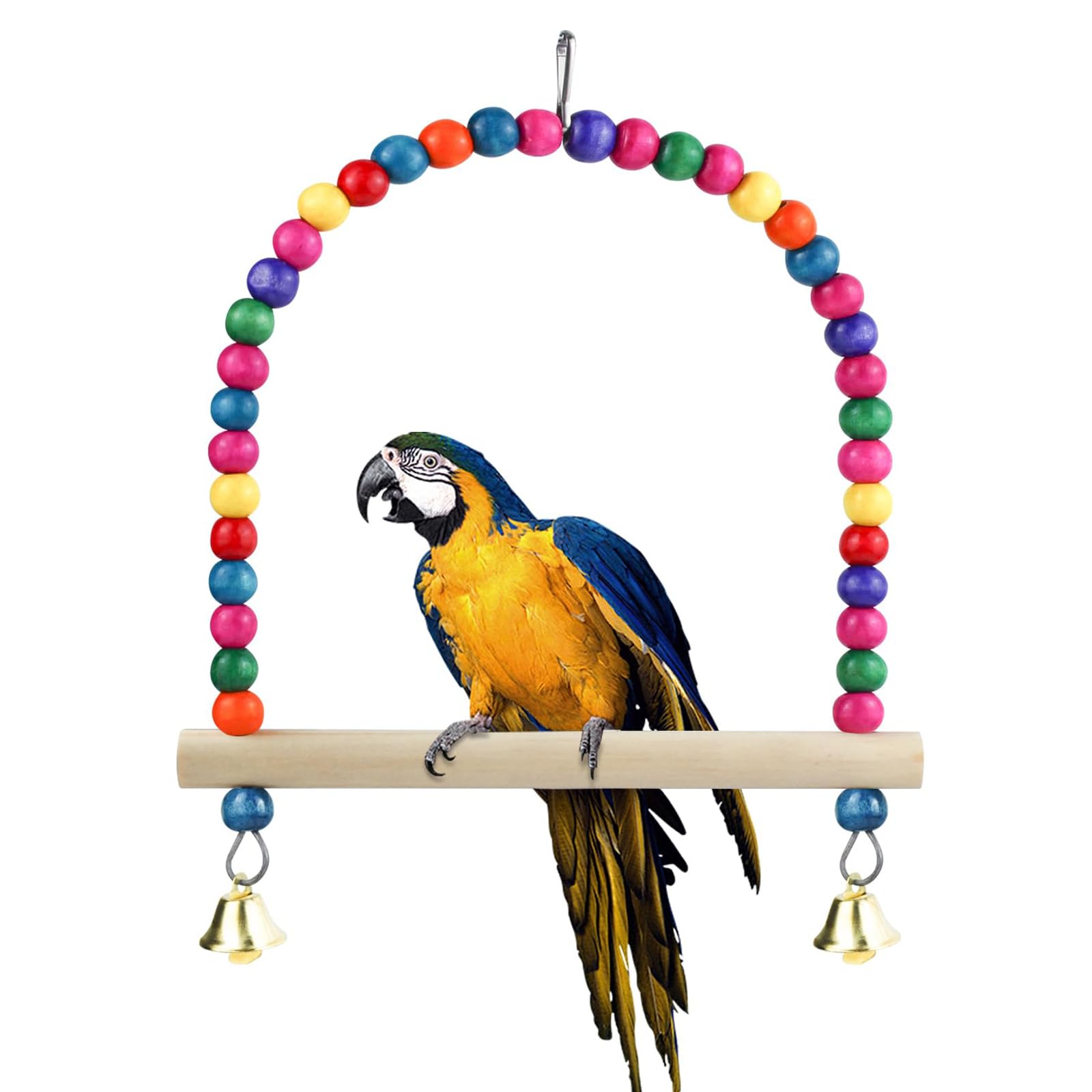 Natural Wooden Bird Swing With Bell, Colorful Parrot Cage Hanging Toy, Perch Stand Boredom Breaker for Budgie Parakeet, Cockatiel (L)