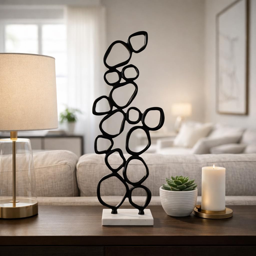 Abstract Sculpture Home Decor Figurine Ornament - Metal Loop Detail Statue on Marble Base for Shelf or Coffee Table Accent - Decorative Display for Living Room, Bathroom, Office or Room - 30”, Black