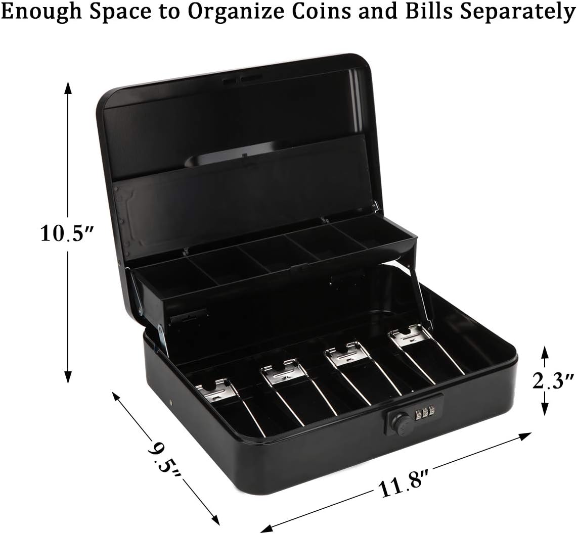 Jssmst Large Locking Cash Box with Money Tray, Metal Money Box with Combination Lock Cash Safe with Security Cable, Black, SM-CB02302XL : Office Products