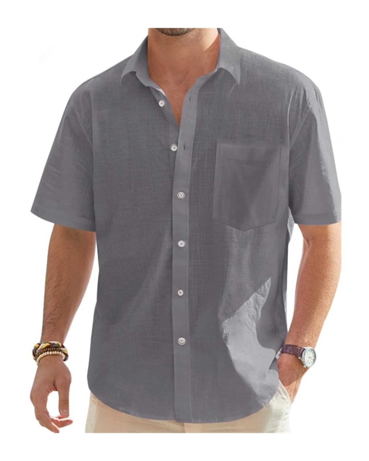 Chemises de style lin pour hommes à manches courtes coupe casual