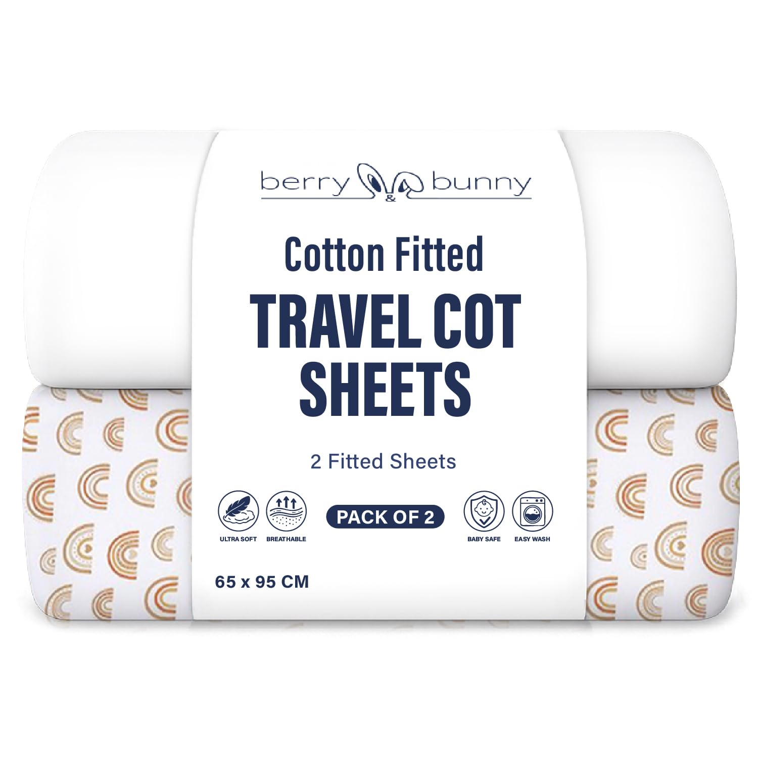 Berry and Bunny 100% Cotton Travel Cot Sheets Pack of 2, Soft Breathable Baby Fitted Sheets 65 x 95 cm, Elasticated Mattress Protector Cover, Deep Fit Baby Bedding All Seasons — image 1