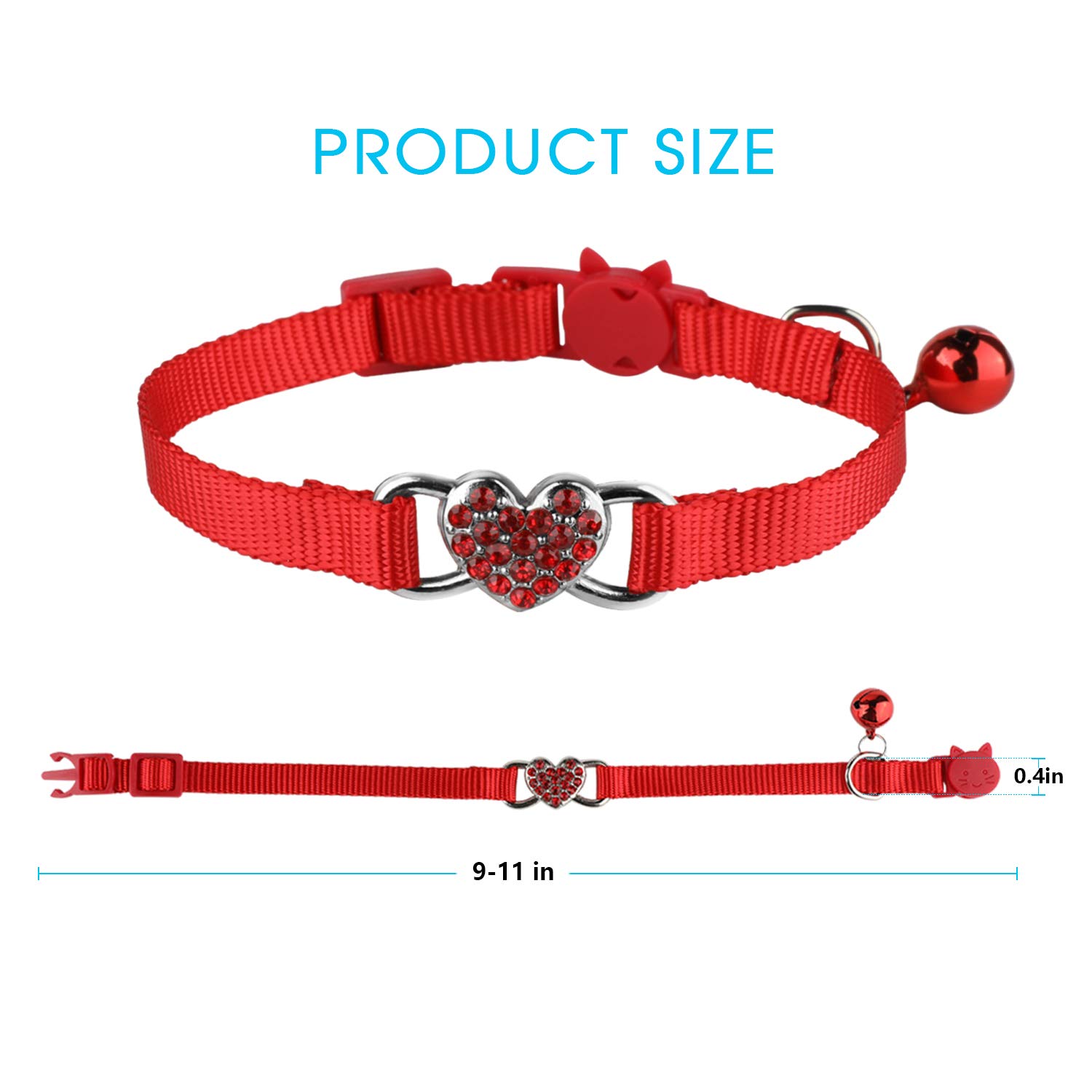 Mtliepte Katzenhalsband, Herz-Design, glitzernd, mit Glöckchen, verstellbar, für Kätzchen, Rot + Violett, 2 Stück
