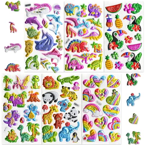 76 PCS 3D Glitter Stickers for Kids 6 Sheets Sparkly Puffy Animal Stickers Reusable Waterproof Stickers for Crafts Scrapbooks Notebooks Classroom Use
