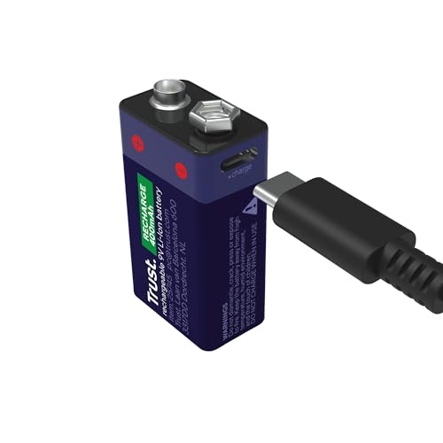 Trust USB-C 9V Battery Rechargeable, Built-in USB C Port, No Batteries Charger Necessary, 4.44Wh Capacity, Recharge via Phone Cable/Charger/USB Port, Square Battery for Smoke Alarm Detector