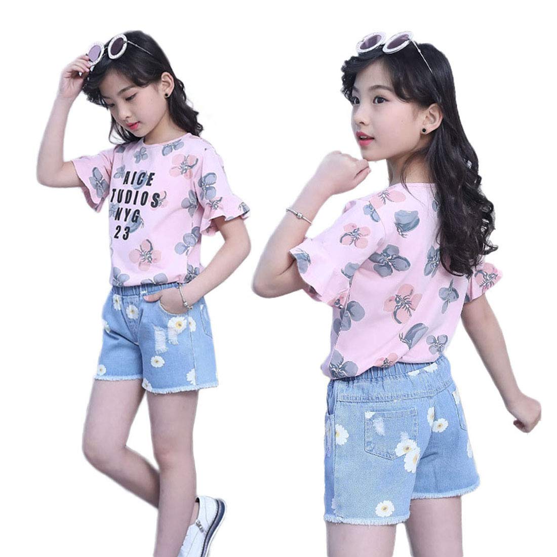 PanpanBox Niñas Conjunto Camiseta y Shorts Vaqueros Verano Jeans Pantalones Cortos Flores Print T-Shirt Manga Corta Blusa para 3-12 Años