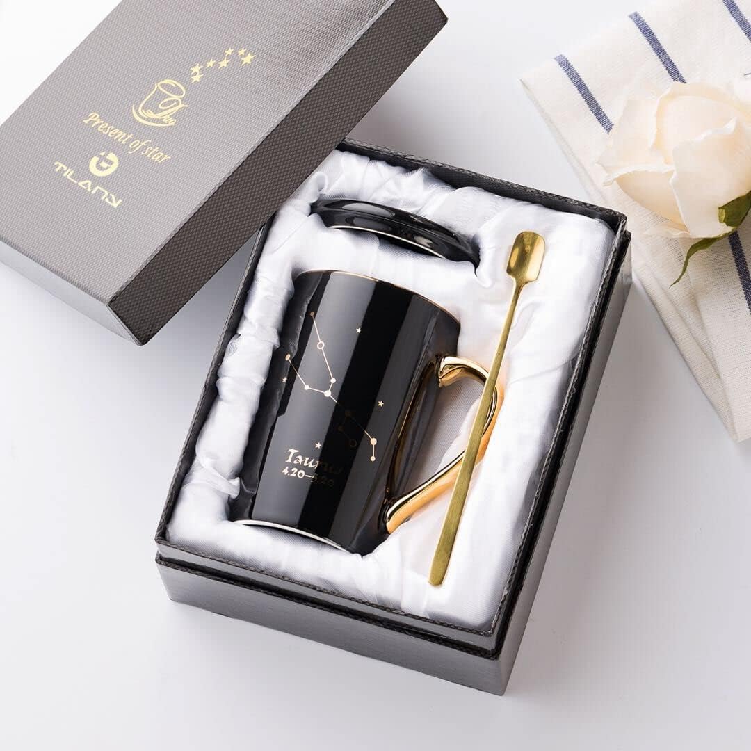 TILANYTILANY Coffee Mug - Constellation Drinkware Set with Lid, Gold Spoon - Elegant Zodiac Cups for Coffee, Tea, Hot Chocolate, Cocoa - Astrology Gifts for Men & Women - 13.5oz Cup (Taurus)