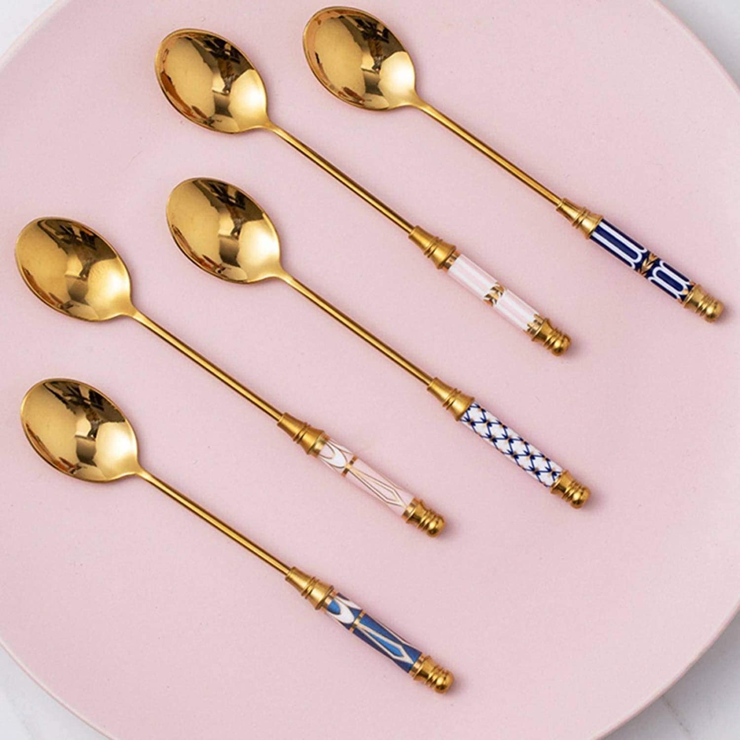 Kleine Löffel, Edelstahl-Kaffee-Milchlöffel mit keramisch langem Griff Löffelküche Dessert Löffel vergoldet Dessert Löffel Mokkalöffel(Big Spoon G)