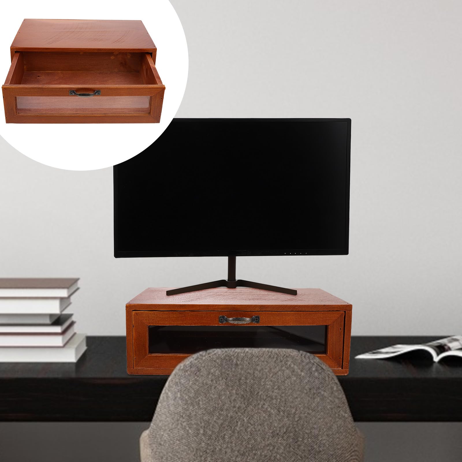 Ipetboom Organizer da Scrivania Cassetto Portaoggetti e Supporto per Monitor in Legno e Vetro Stile Retrò Marrone, per Ufficio e Decorazione Desktop