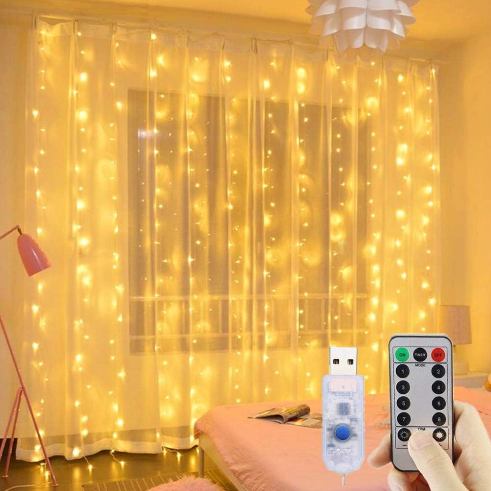 Hanging Window Curtain String Lights, 300 LED 10Ft USB Plug in String Lights, Remote, 8 Lighting Modes, Waterproof Decorative Lights for Bedroom Wedding Wall Party Indoor Outdoor Decor, Warm White